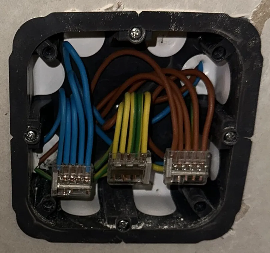 Détail des connexions : neutres, conducteurs de protection et phases regroupés sur trois bornes